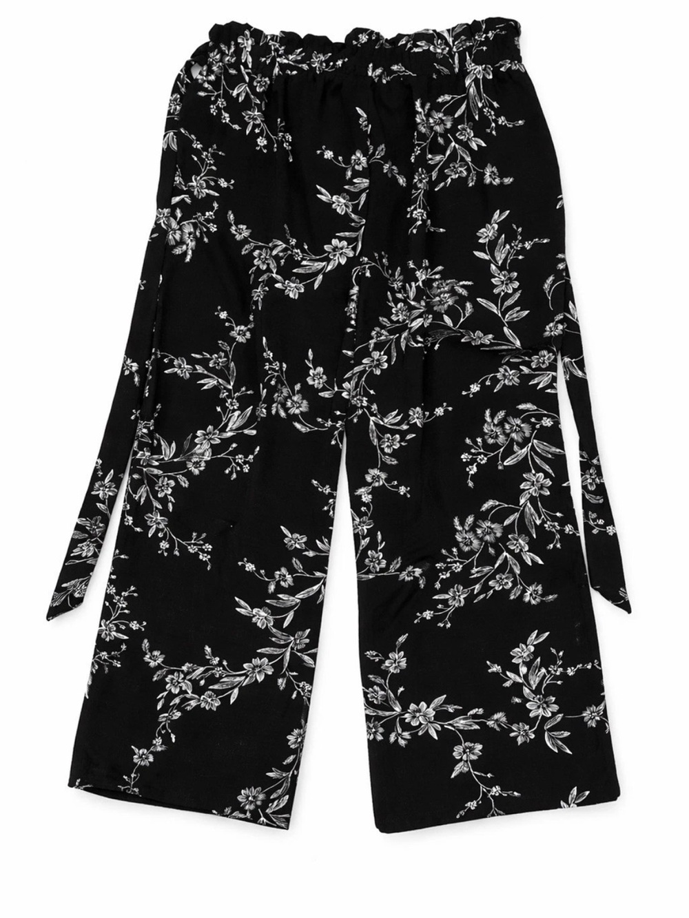 Black Floral Wide-Leg Capris with Paperbag Waist